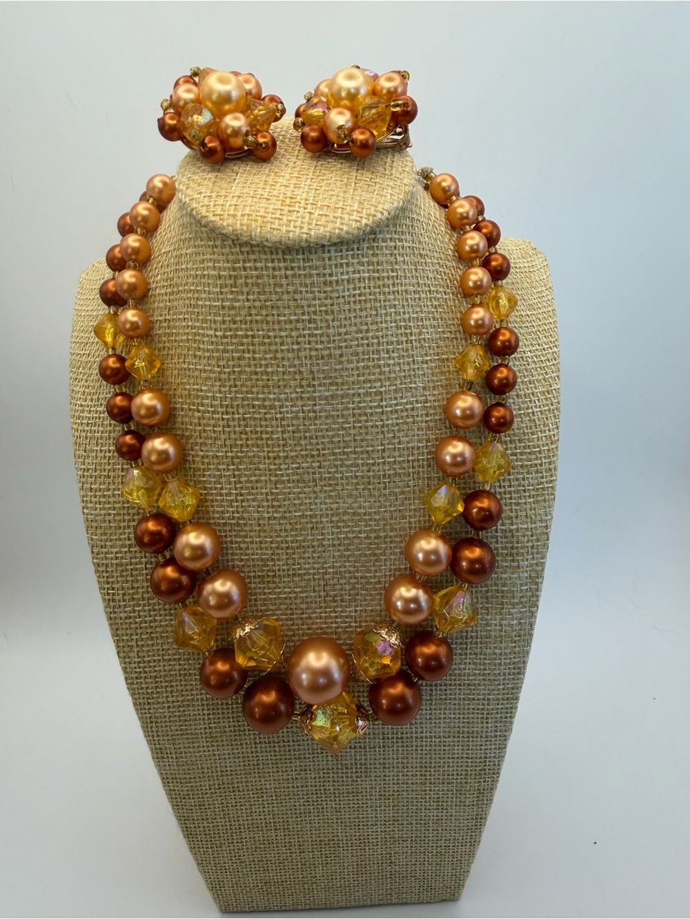 Hong Kong Gold and Amber Lucite Beaded Choker & Clip Earrings Set Vintage
